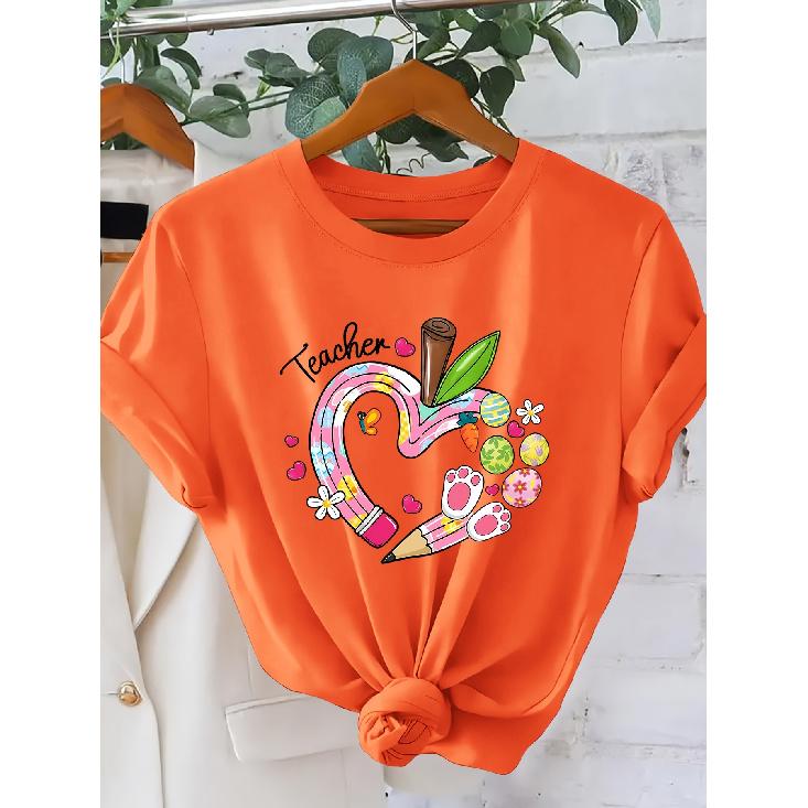 Women's Teacher Heart-shaped pencil short sleeve shirt One-piece Easter outfit T Shirt Teacher's Outfit for Holiday Outings 2026 New Spring and