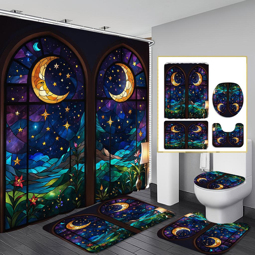 Christmas Shower Curtain Four-Piece Non-Punching Partition Curtain Digital Printing Bathroom Decoration Curtain