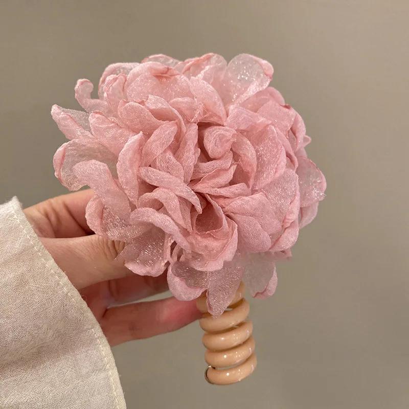 1PC New Lovely Beaded Big Flowers Elastic Spiral Hair Rope Head Rope Ponytail Hair Ring Rubber Band Headdress For Kids