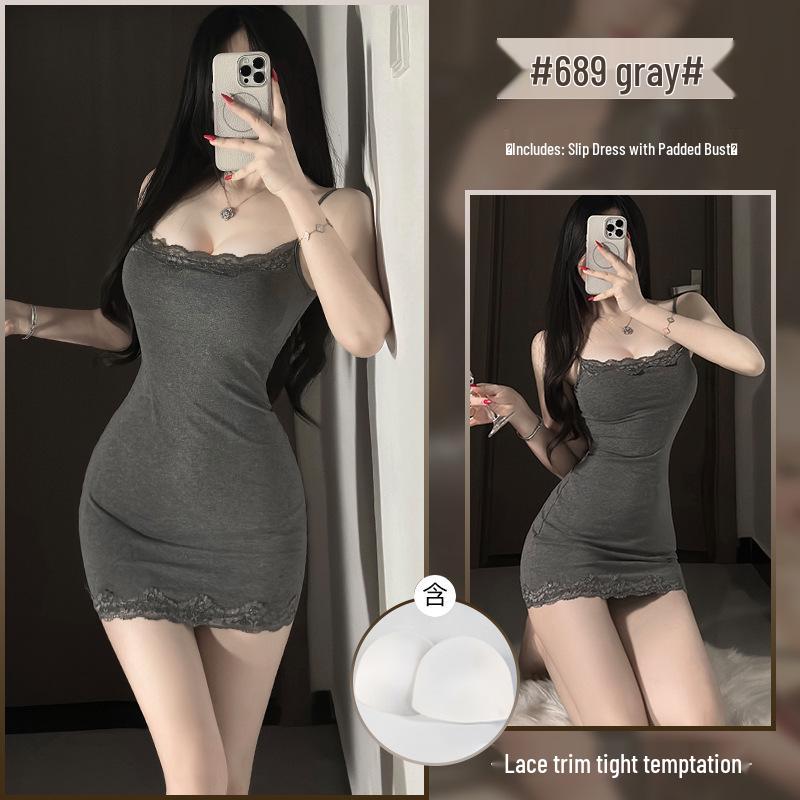 Xianyi Pure Desire Lace Splice Sexy Bodycon Sling Dress - Solid Color Sleepwear 689