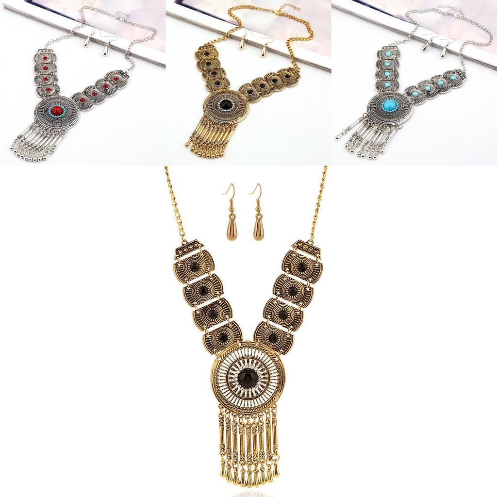Vintage Water Drop Tassel Necklace With Rhinestone Hollow Geometric Pendant For Women