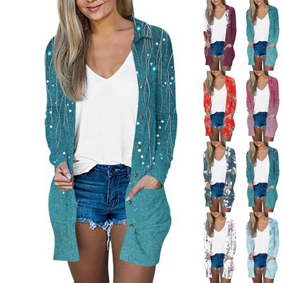 Women's Casual Fashion Floral Print Long Sleeve Mid-Length Cardigan Jacket