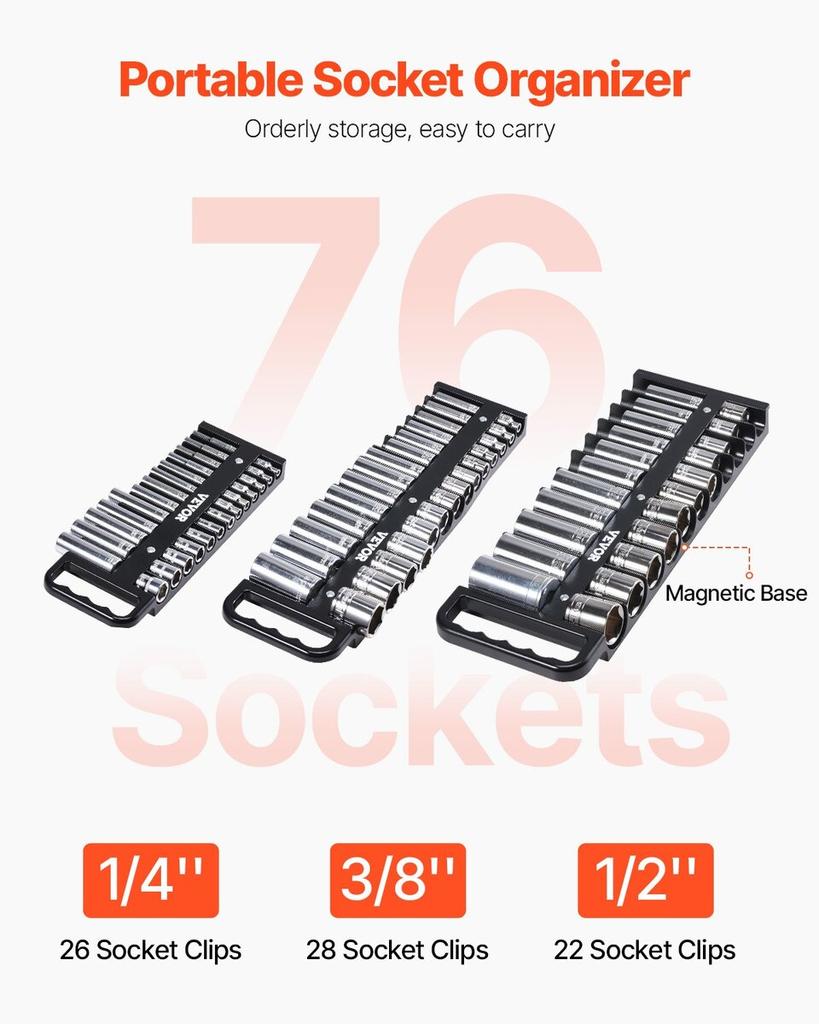 Portable Socket Organizer Set 3PCS 76-Clip Magnetic Socket Tray Metric/SAE