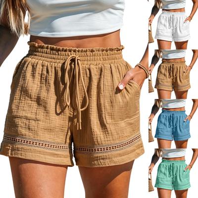 Women's Casual Elastic Waist Linen Shorts High Waist Drawstring Summer Beach Shorts With Pockets And Lace Trim Boho Cotton Linen Shorts