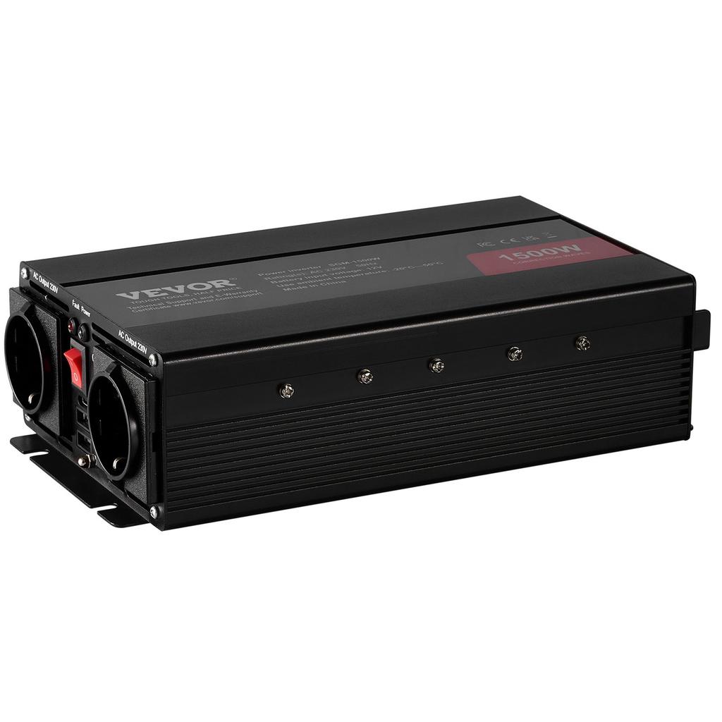 VEVOR Modified Sine Wave Inverter, 1500W, DC 12V To AC 230V Power Inverter with 2 AC Outlets 2 USB Port 1 Type-C Port 6 Spare Fuses