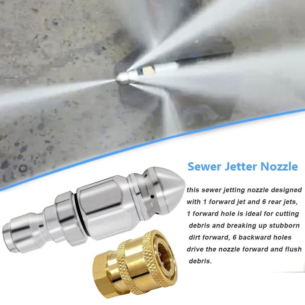 Stainless Steel + Brass Sewer Jetter Nozzle 1 Forward Jet + 6 Rear Jets Coupler Secure Fittings