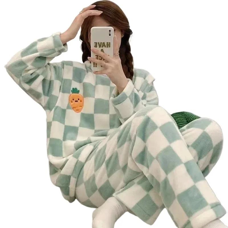 Pigiama Caldo per l'Inverno Ispessito Taglie Forti Velluto Corallo Pigiama Donna Caldo Manica Lunga Tinta Unita Tartan Pantaloni Tuta da Casa
