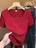 Plus Size French Style Square Neck Women's T-shirt - Tummy Concealing, Slimming Summer Short Sleeve Top