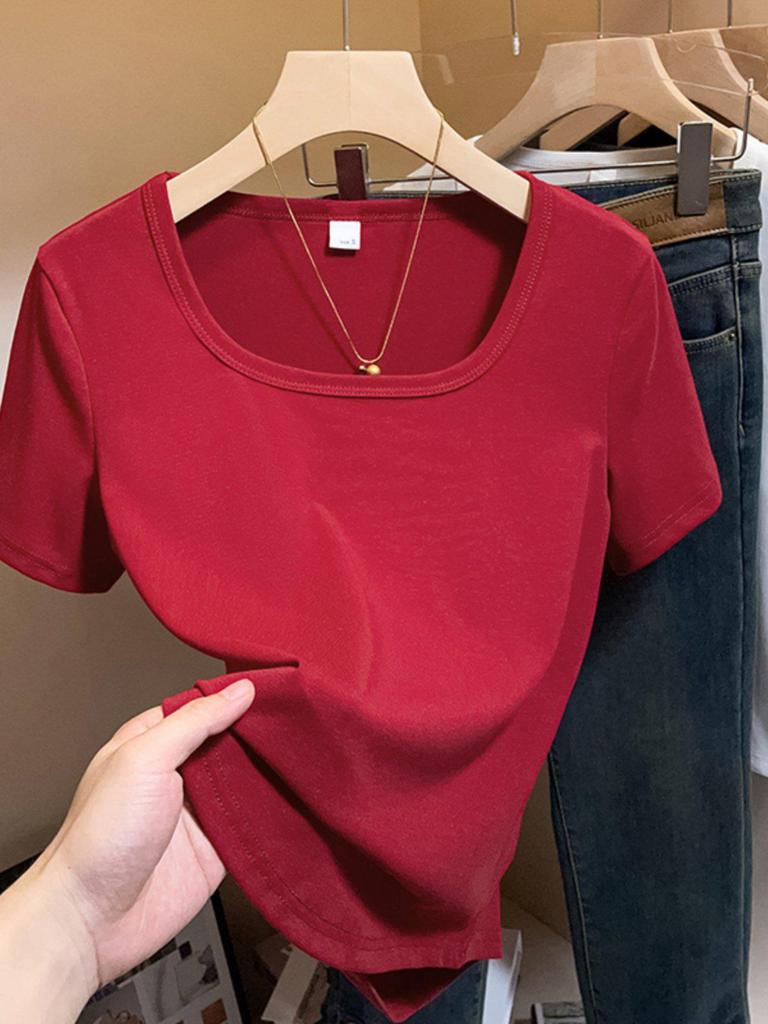 Plus Size French Style Square Neck Women's T-shirt - Tummy Concealing, Slimming Summer Short Sleeve Top