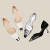 H596-2 silberne Taschenkopf-Sandalen kleiner eckiger Kopf Eisenkopf hohle Sommersandalen Damen feiner Absatz Schafslederpolster Pendlerwind