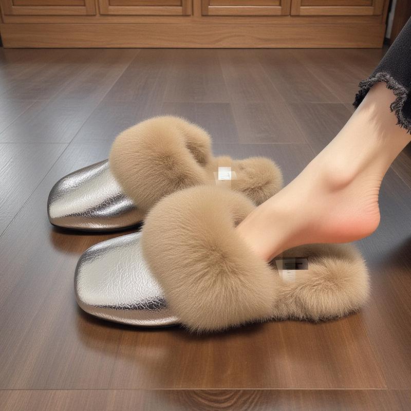 Korean version of flat-bottomed fluffy slippers, worn outside, velvet in autumn and winter to keep warm, lazy people pedal a bag head cotton mop