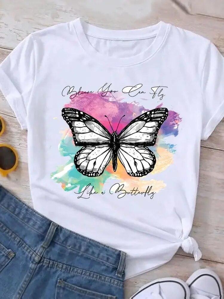 Graphic T Shirt Sunflower Butterfly Cute Summer Casual Clothing Short Sleeve Women Print Fashion Clothes Tee T-shirt FeUnisex Top