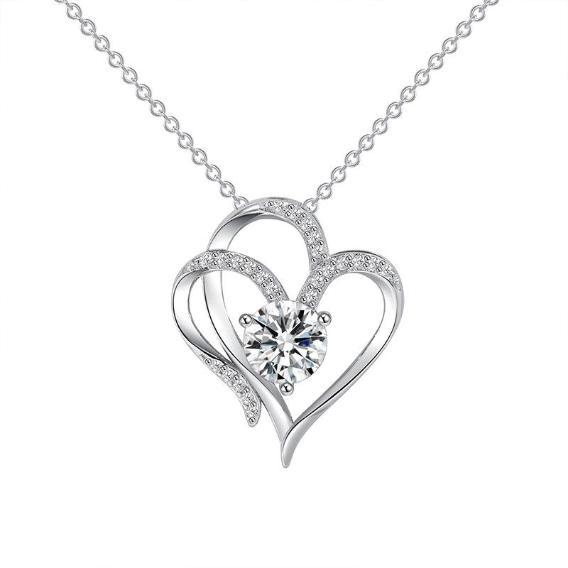 Platinum Double-Heart Pendant Necklace For Women, Heart-To-Heart, Elegant Temperament, Advanced Sense, Inlaid With Zircon Love Necklace