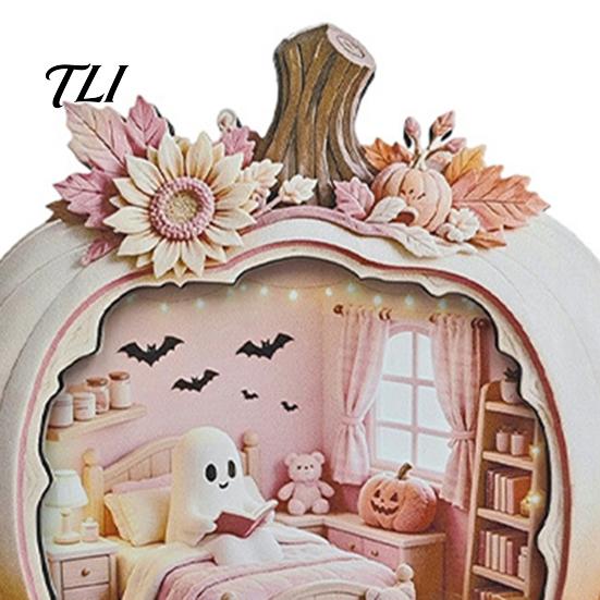Wooden Halloween Night Light Ghost Pumpkin Plaque, 2D Flat Tabletop Sign, Table Decor Spooky Bathing Reading Ornament for Home Office Mantel