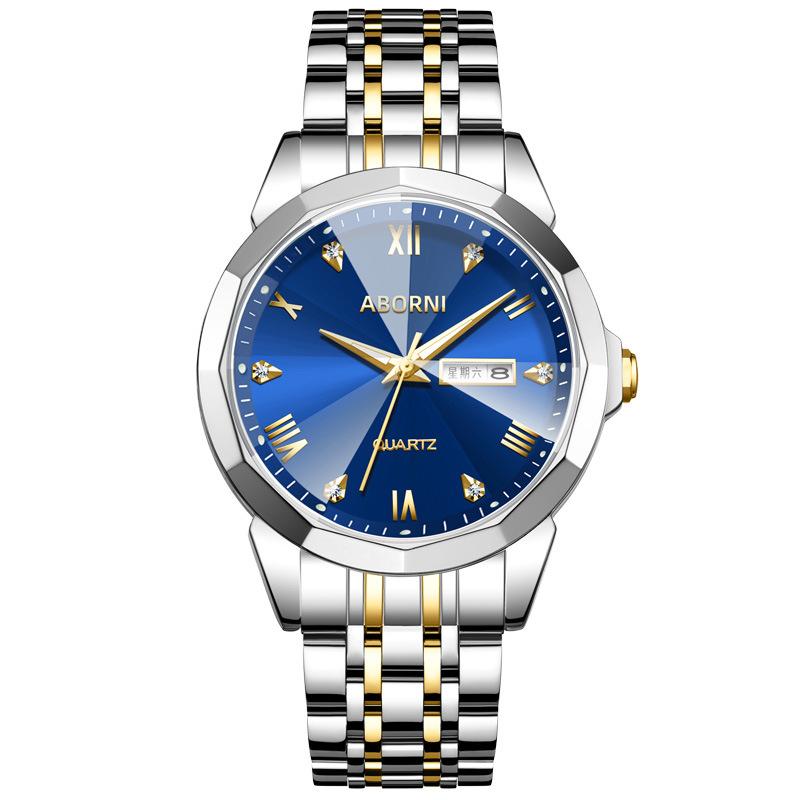 ABORNI Men's Watches Business Double Calendar Wristwatch Fashion Diamond Diamond-cut Mirror Steel Quartz Men's Watches