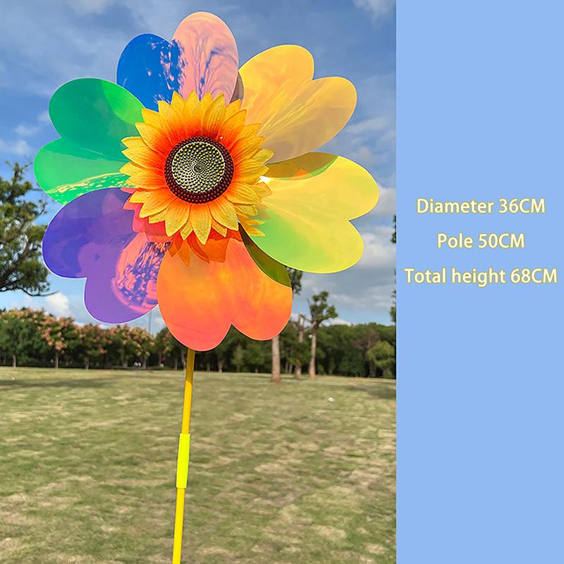 1 Set Outdoor Garden Decor Double Layered Sunflower Windmill Rotating Sunflower Wind Spinner Stake Standing Lawn Flower Pinwheel