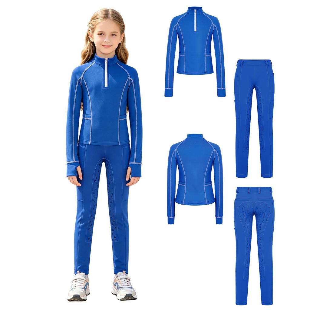 Tenue d'équitation pour filles Ensemble à col montant, manches longues avec trous pour les pouces, pull à fermeture éclair avec pantalon d'équitation à grip intégral antidérapant pour l'entraînement