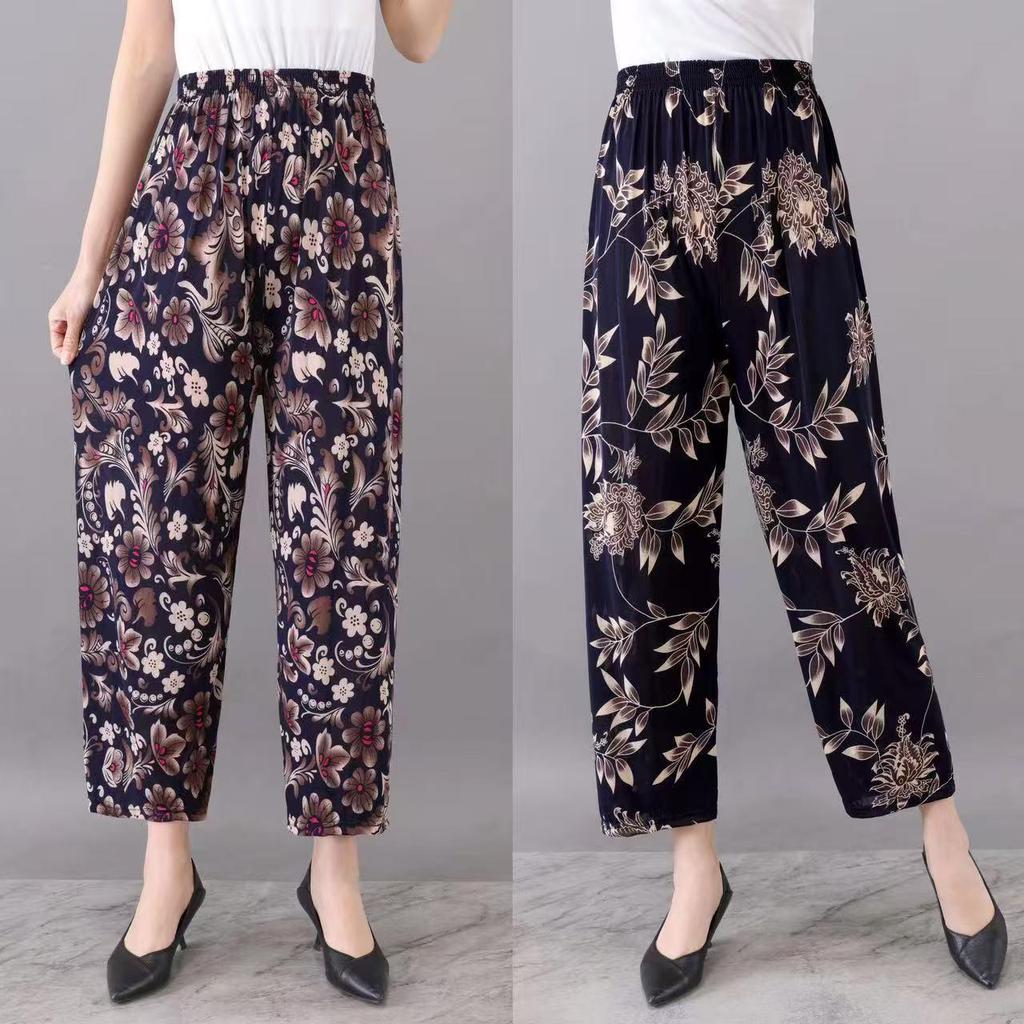 Lässige Sommer Damen Übergröße Eisseide Hose mit hohem Bund für Mittelalte und Ältere