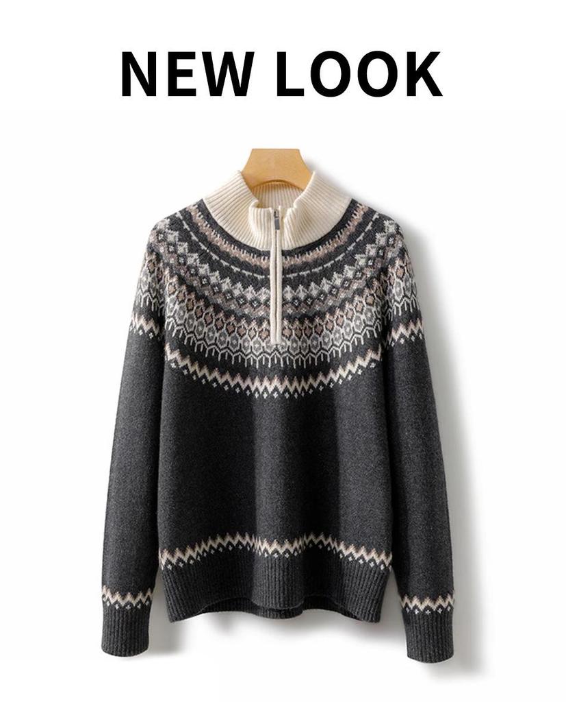 Women's Retro Pure Wool Jacquard Stripe Sweater Jacket with Zipper Stand Collar