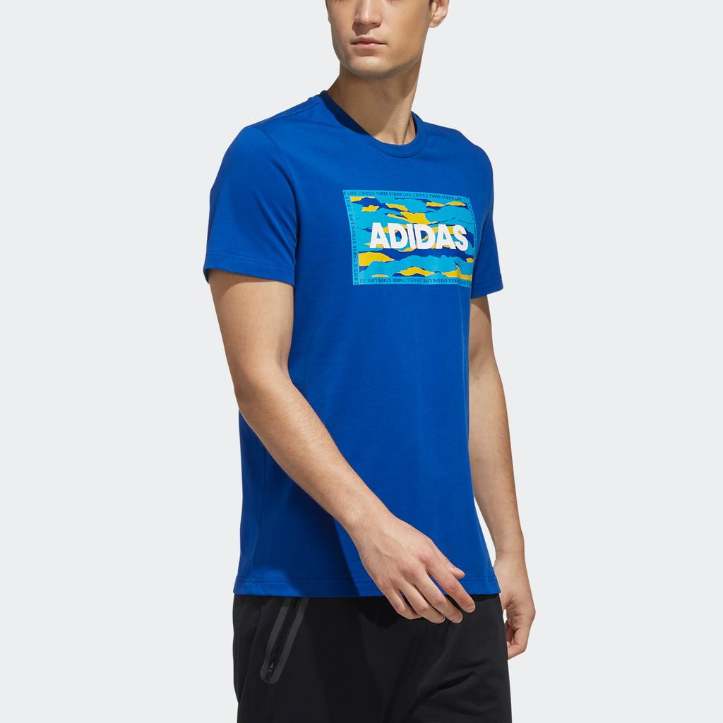 Adidas Letter Print Crew Neck Casual Simple Short Sleeve T-Shirt Men Tops College-Blue FJ6866
