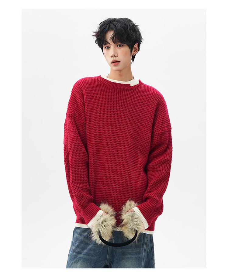 Jian Heng Red Henley Collar Men's Knit Sweater - Loose & Cozy for Autumn/Winter Christmas & New Year