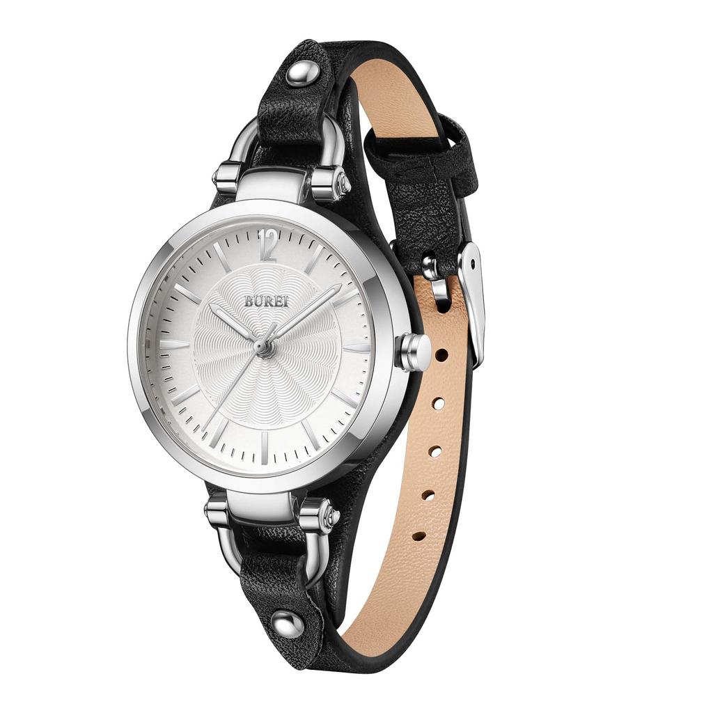 BUREI Japanese Quartz Black Leather Strap Women's Watch, Silver, Movement, Waterproof, Simple, Stylish, Slim,