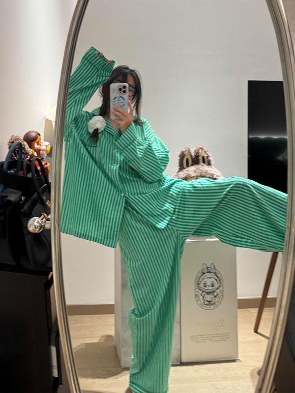 

Korean version of lazy stripes spring and autumn new pajamas women s long-sleeved trousers large-size loungewear suit can be worn outside ins M( 40-52.5kg )