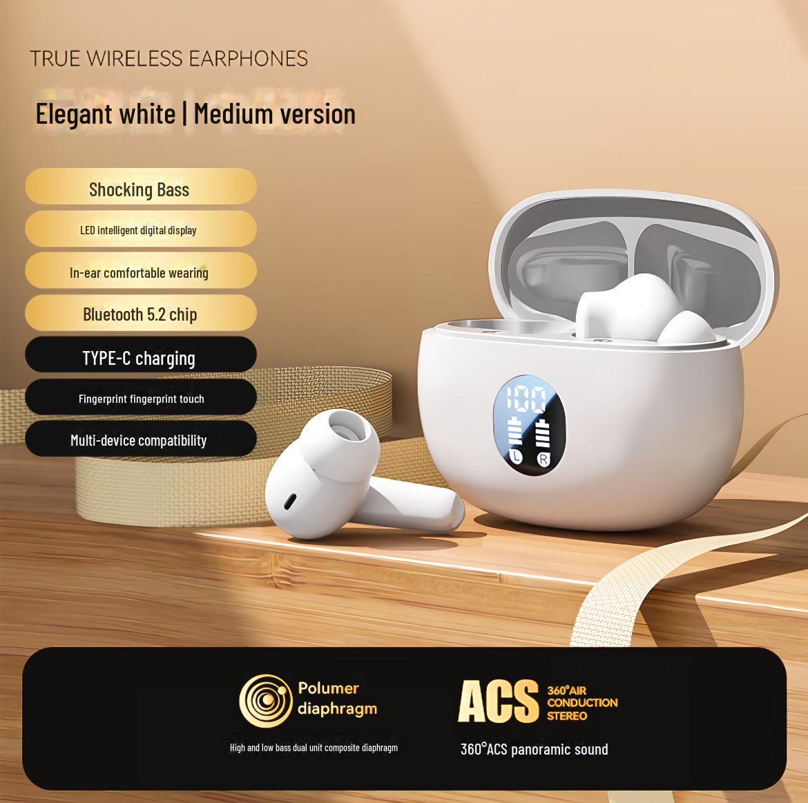 

Беспроводные наушники S510 Airdots 4 895B с шумоподавлением внутри ушей, TWS Bluetooth и цифровым дисплеем белый