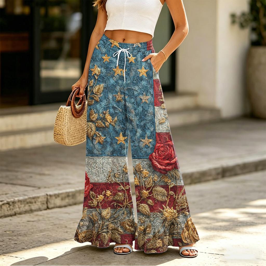 Women's High Waist Wide Leg Pants with Drawstring Pockets Casual Loose Fit Long Trousers Comfortable Lightweight Fabric Elastic Waistband