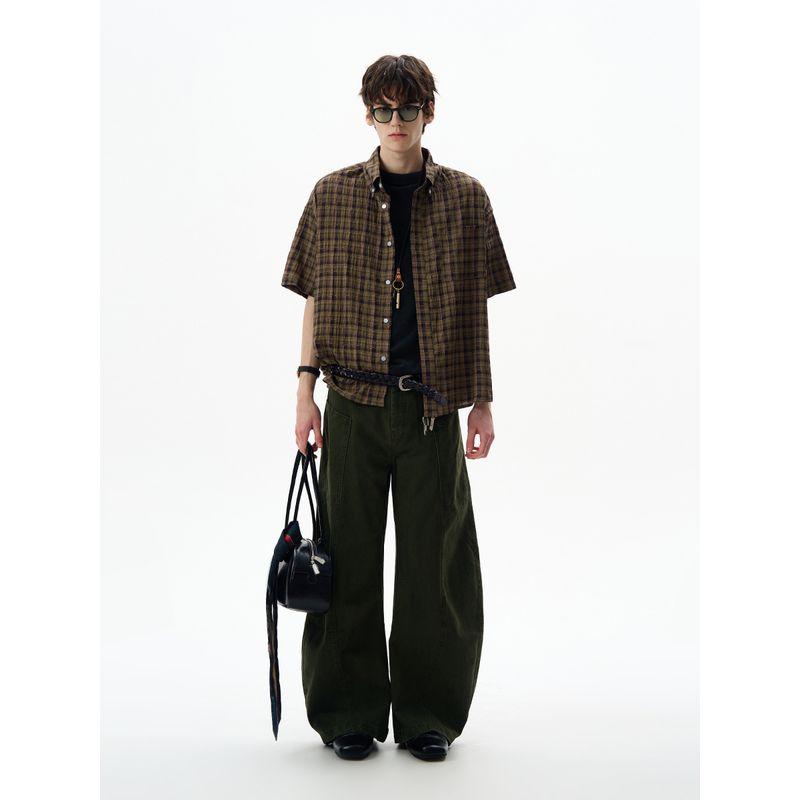 Madwitch American vintage Pleat Seersucker Short sleeve Shirts Men's and Women's Loose Casual Plaid Texture Top