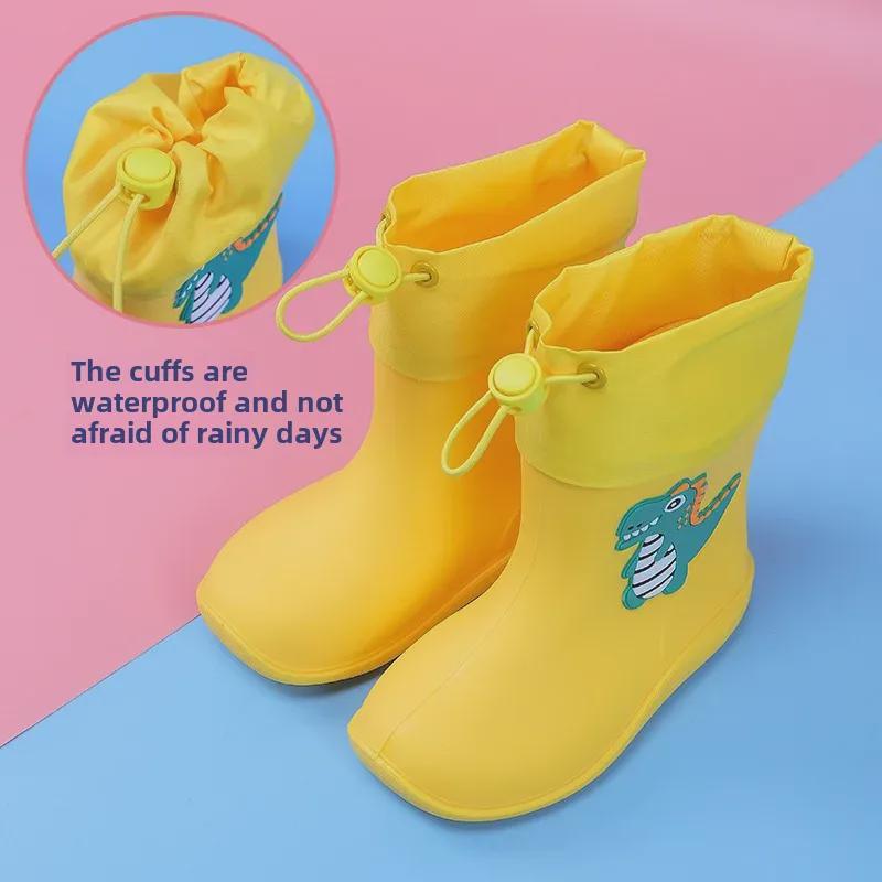 Kids' Cartoon Dinosaur Waterproof Rain Boots with Drawstring, Cotton-Lined, for Boys and Girls, Ideal for Kindergarten.