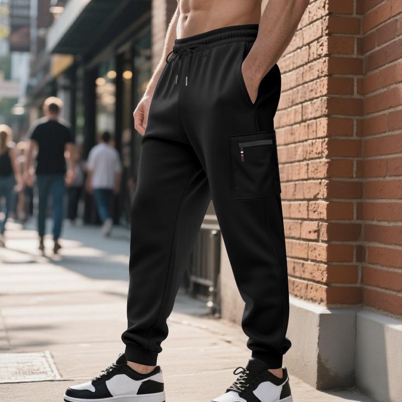 Men Cargo Jogger Sweatpants, Elastic Drawstring Waist Zippered Thigh Cargo Pocket Side Hand Pockets Ribbed Ankle Cuffs Soft Casual Athletic Trousers