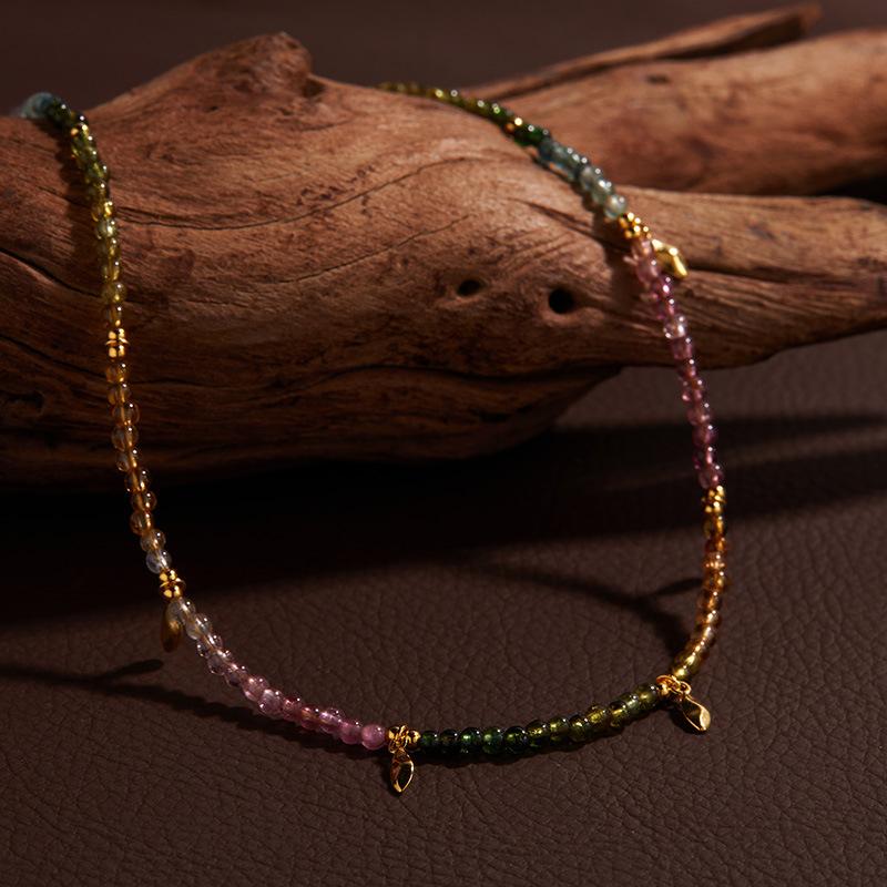 Original Design S925 Sterling Silver Inlaid With Natural Tourmaline Color Treasure Necklace Women'S Trend Handmade Color Beads