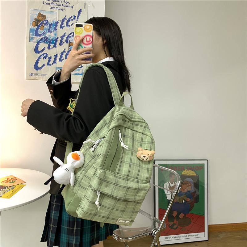 Japanese college style girl backpack Korean version Mori bear Harajuku student backpack small fresh plaid schoolbag female