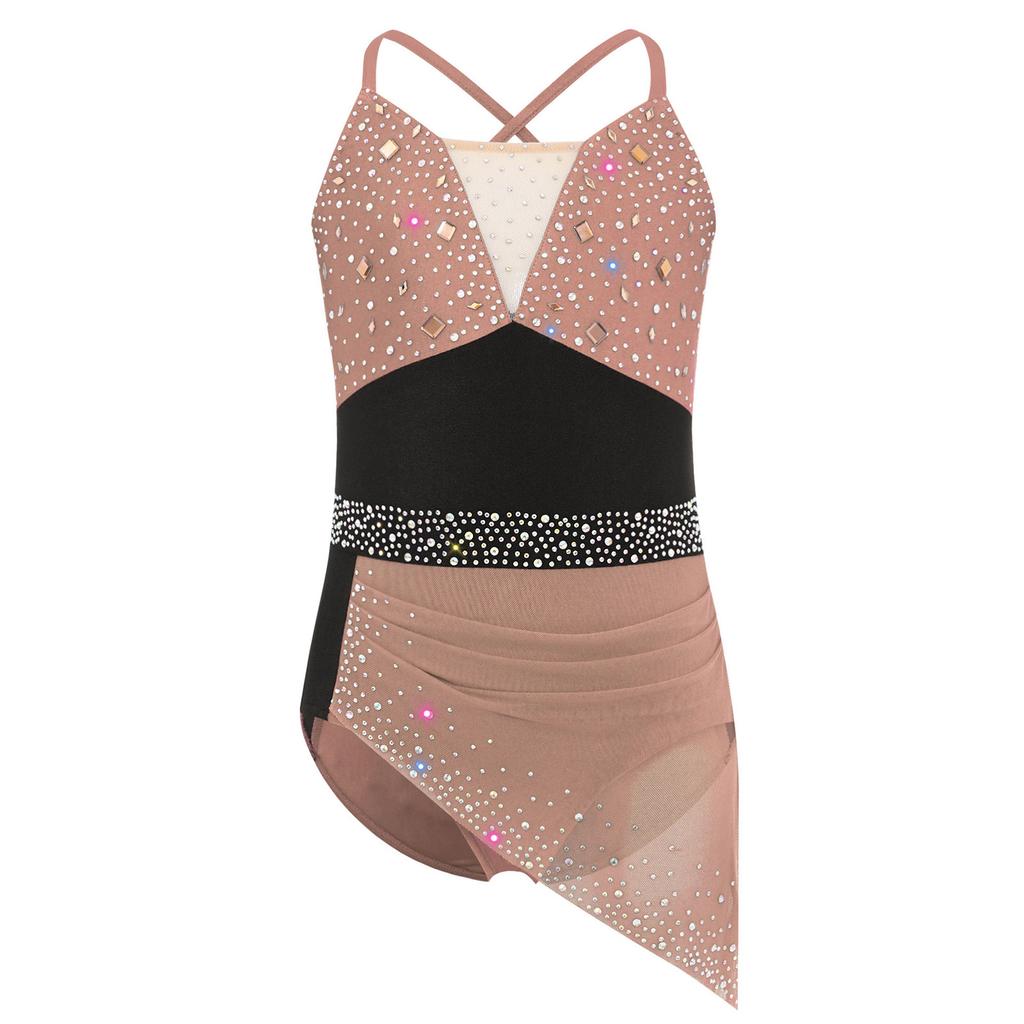 Rochie Patinaj Artistic Fete Spate Încrucișat Bretele Spaghetti Strasuri Design Încrețit Rochie Asimetrică din Plasă