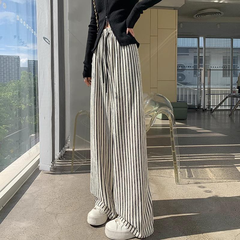 Texture soft waxy towel pants women's spring new black and white striped pants women's lazy wind loose and drape wide-leg pants