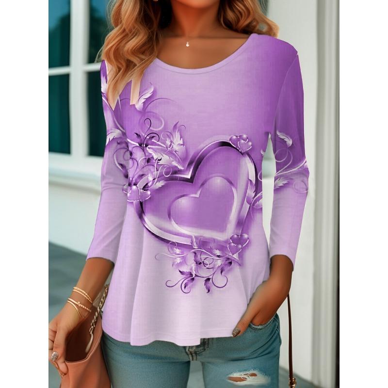 Round Neck 3D Love Printed Top Casual Long Sleeved Women's T-shirts - Soft Medium Stretch Polyester Fabric Spring and Autumn Relaxed Fit Clothing