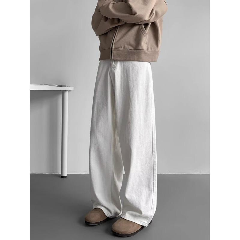Męskie Białe Jeansy Szerokie Nogawki Codzienne Luźny Krój Streetwear Denimowe Spodnie