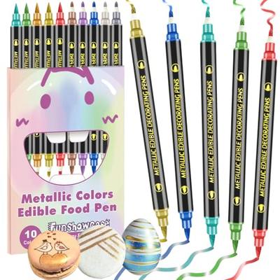 FUNSHOWCASE Food Coloring Pens, Metallic Pens, 10-Color Set, Double-Sided Line Drawing Pens, Food Coloring, Food Coloring Markers, Food Grade, for Swe