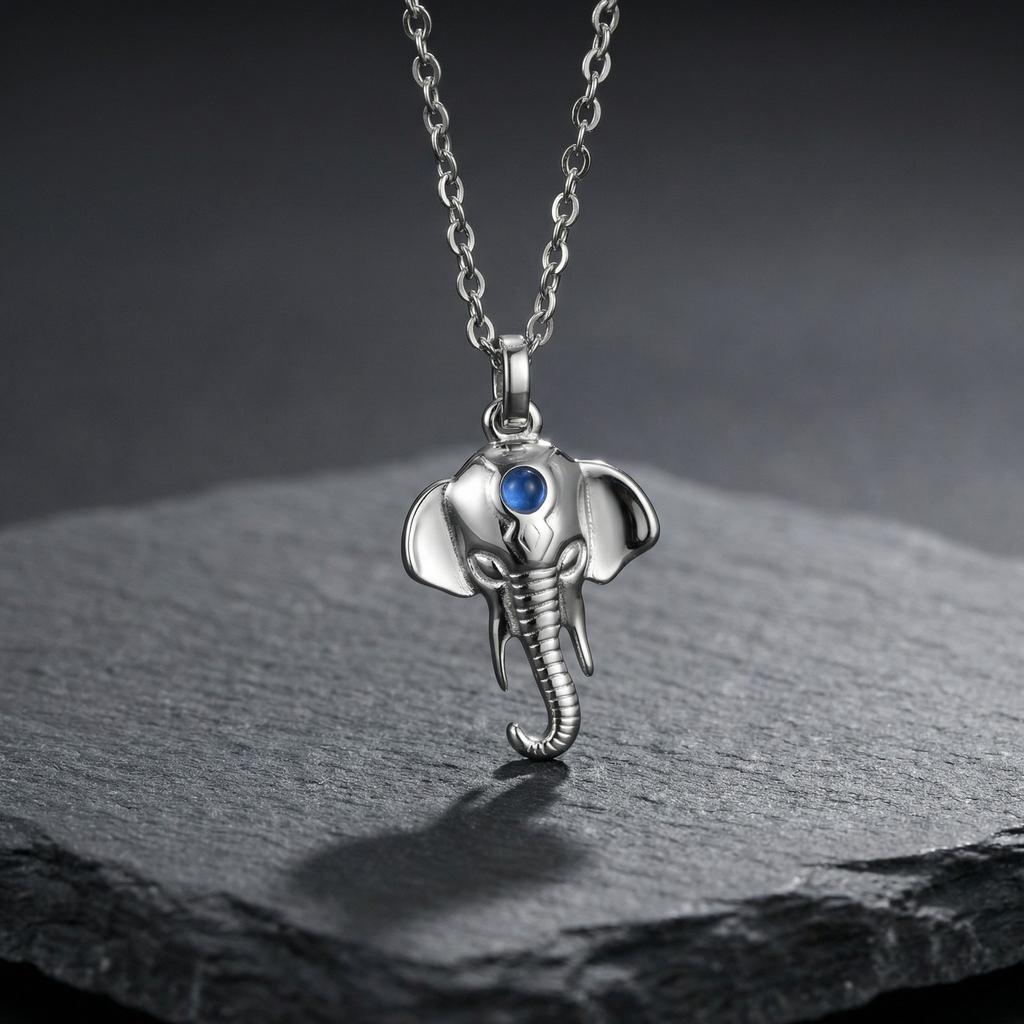 Vnox Men's Blue Stone Elephant Head Pendant O-chain Necklace, Stainless Steel Animal Waterproof Jewelry Longevity Strength Gifts