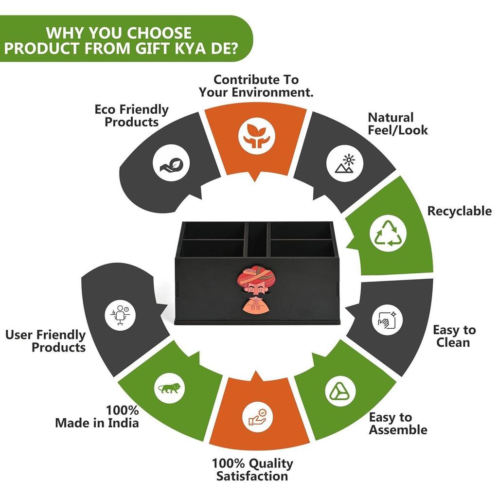 Stand with 5 Sections  Wooden Remote Holder for Living Room, TV, and AC | Stationary Organizer | 5 In 1 | Ideal for Home and Office (Black Rajasthan)