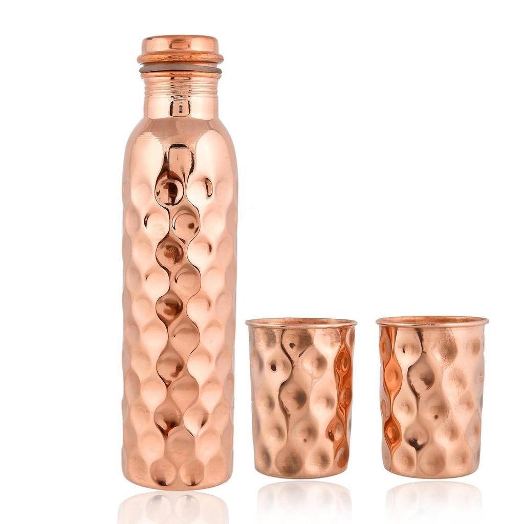 Copper Water Bottle 1 Ltr | Copper Water Bottle with Glass Set | Meena Work | 100% Pure | Leak-Proof | 2 Water Glass 300ml each |