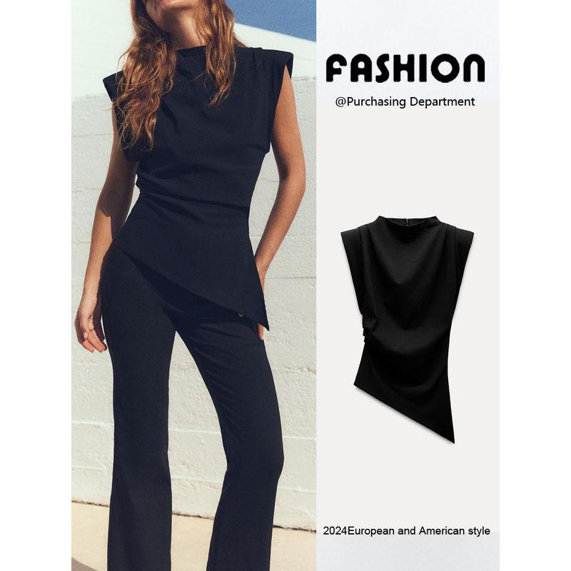 Za2024 Autumn New Women's Clothing Fashion Asymmetric Fold Decorative Padded Shoulder Sleeveless Vest Tops 0085845