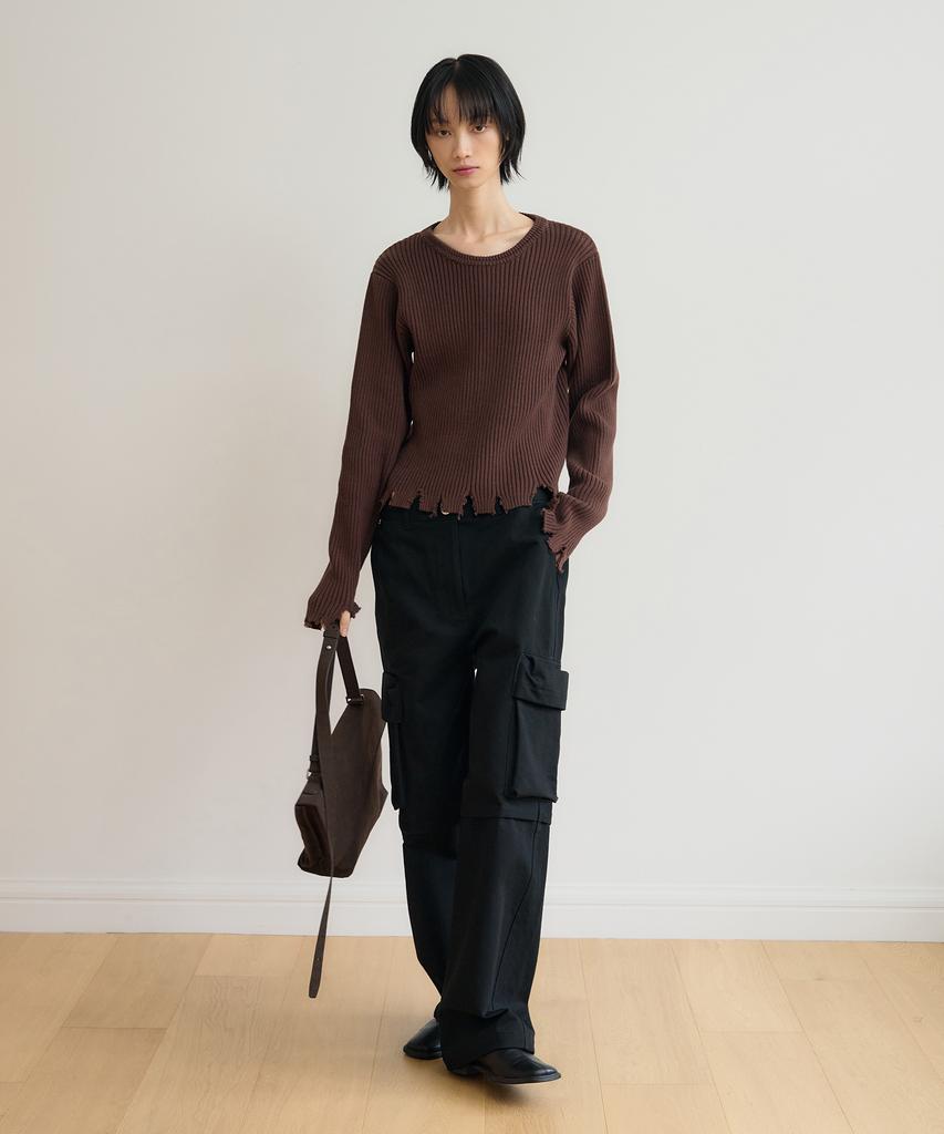 SIS A Damaged Ribbed Round Knit [Brown]