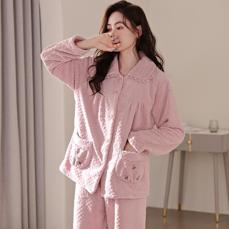 Coral Fleece Pajamas Women'S Winter Thickened Fleece Large Size Middle-Aged And Elderly Mothers Autumn And Winter Flannel Loungewear Set