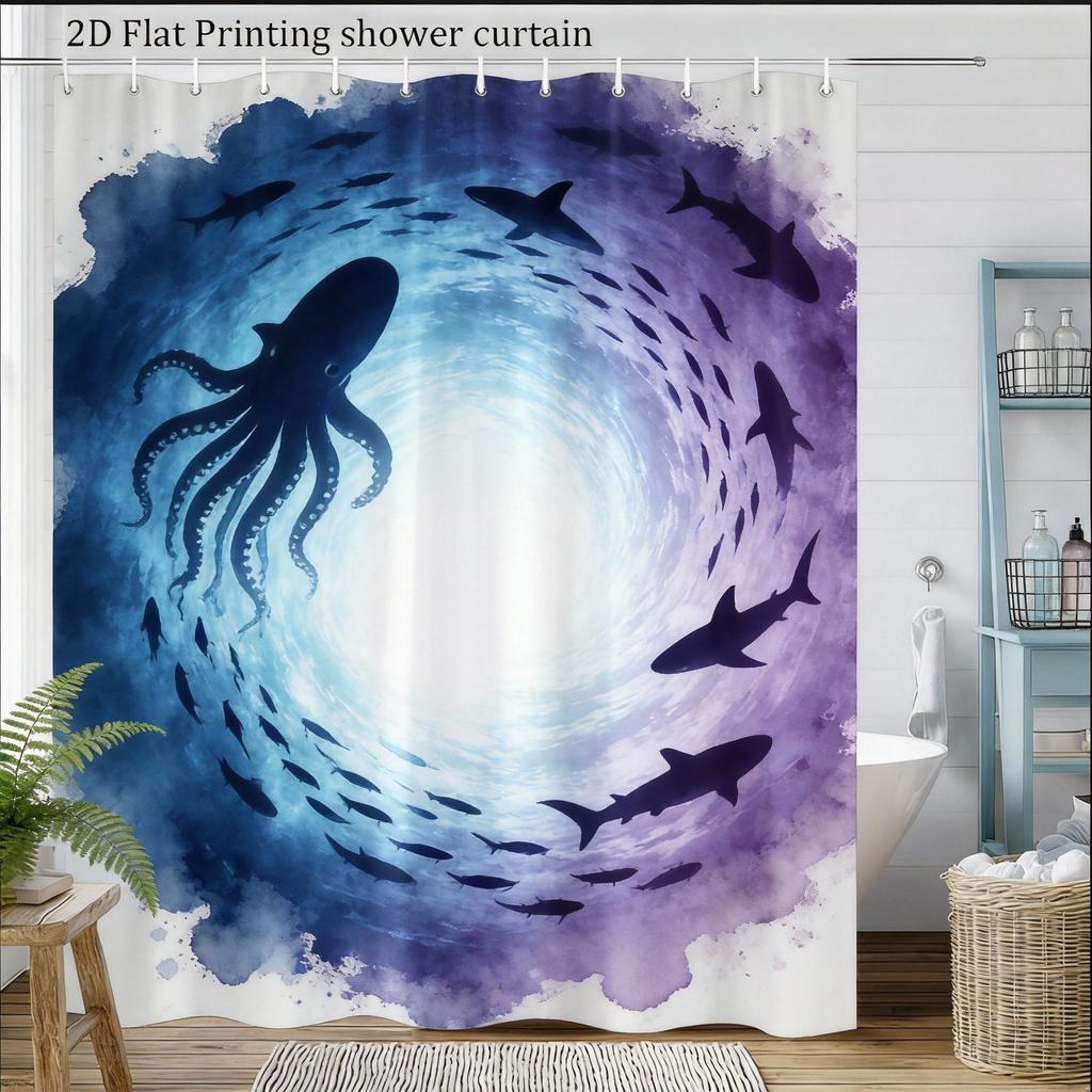 Shark Shower Curtain Oceanic Underwater Scene Print Polyester Bath Curtain With Hooks For Marine Decor
