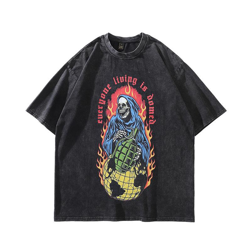 Tide Brand American Street Retro Men'S T-Shirt Vintage Hip-Hop Printing Washed Cotton Short-Sleeved T-Shirt Men