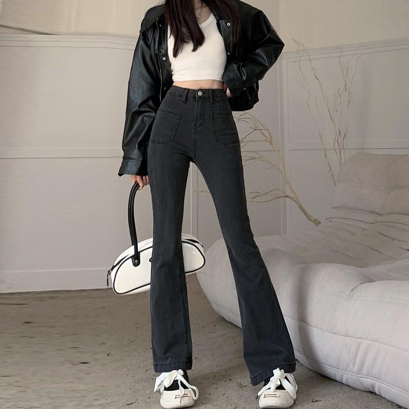 Damen High Waist Schlagjeans Lockerer Schnitt Bootcut Jeans Lässige Koreanische Streetwear Grauer Denim Lange Hose