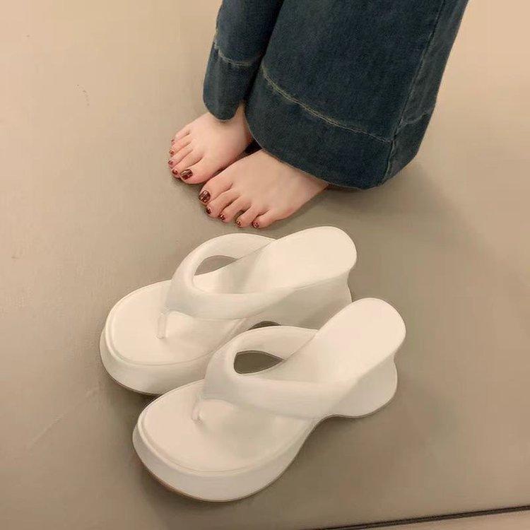 Flip-flop slope heel toe sandals outer wear summer new muffin thick-soled high-heeled casual beach slippers
