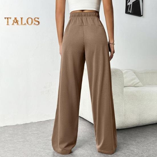Pantaloni pentru femei cu talie înaltă elastică, cu șnur reglabil, pantaloni drepti cu picior largi, cu buzunare, pantaloni casual de culoare uni